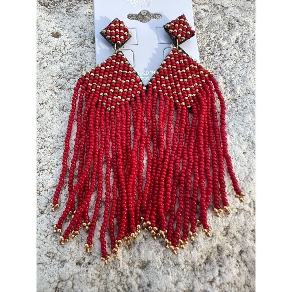 Western Red Earrings Fringe Gold Cowgirl NEW Dangle